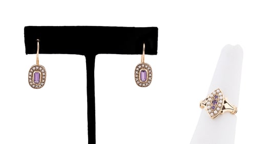 GOLD, AMETHYST & SEED PEARL RING AND EARRINGS