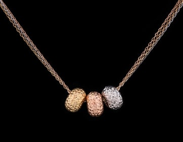 TRICOLOR 14K GOLD THREE BEAD PENDANT NECKLACE