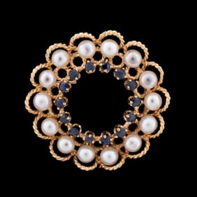 14K YELLOW GOLD, SAPPHIRE & PEARL CIRCLE PIN