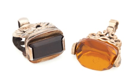 TWO SCROLLED GOLD PLATED FACETED STONE WATCH FOBS