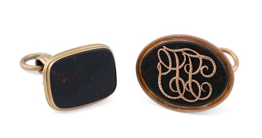 TWO BLOODSTONE & GOLD PLATED WATCH FOBS