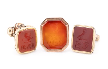 3 ANTIQUE CARNELIAN & PLATED WATCH FOBS