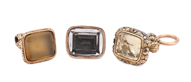 3 ANTIQUE CRYSTAL, QUARTZ & AGATE GP WATCH FOBS