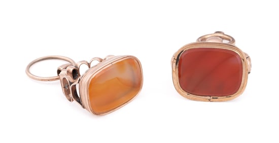 TWO CARNELIAN SET ROSE GOLD PLATED WATCH FOBS