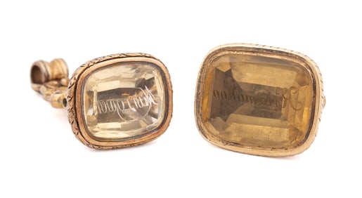 TWO FACETED CITRINE FOLIATE ENGRAVED WATCH FOBS