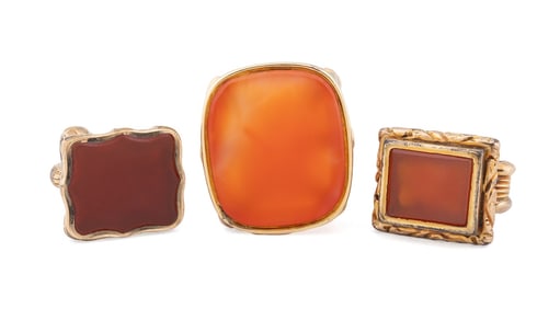 3 ANTIQUE CARNELIAN GOLD-PLATED WATCH FOBS