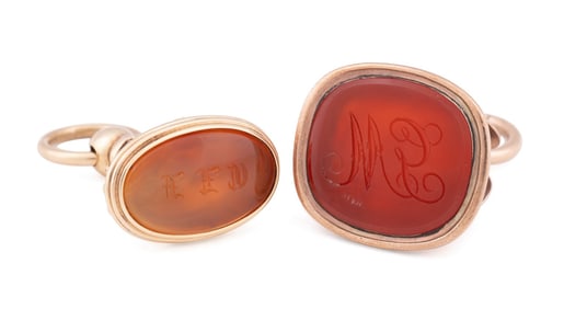 2 ENGRAVED CARNELIAN & GOLD PLATED WATCH FOBS