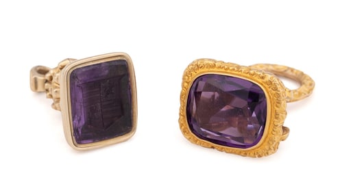 TWO ANTIQUE AMETHYST GOLD PLATED WATCH FOBS