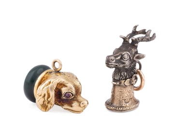 TWO ANTIQUE WATCH PLATED FOBS, STAG & DOG