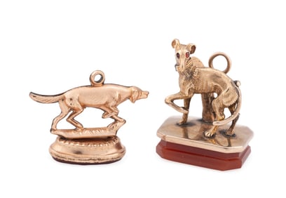 TWO CARNELIAN MOUNTED DOG MOTIF PLATED WATCH FOBS