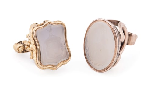 TWO AGATE INTAGLIO WATCH FOBS