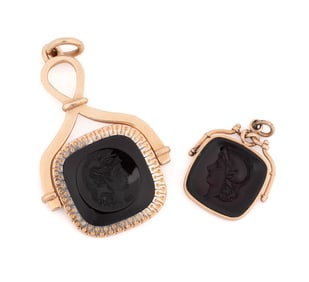 TWO ONYX INTAGLIO & PLATED WATCH FOBS
