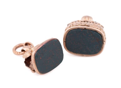 TWO ANTIQUE BLOODSTONE & PLATED WATCH FOBS
