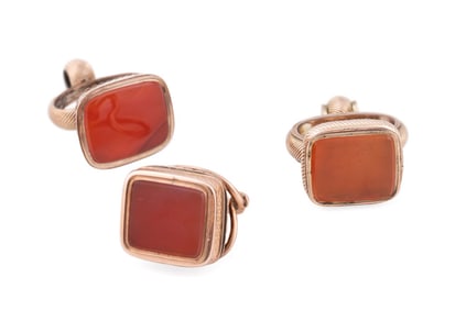 THREE ANTIQUE CARNELIAN & PLATED WATCH FOBS