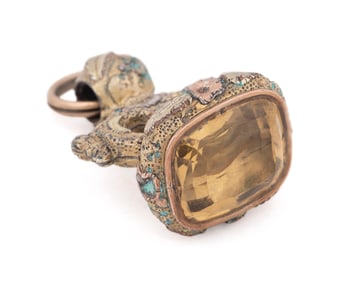 ANTIQUE CITRINE GP FOLIATE ENGRAVED WATCH FOB