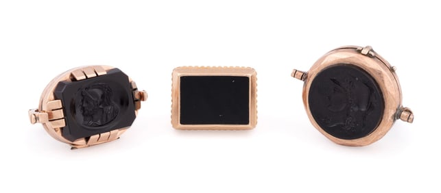 THREE ONYX & ROSE GOLD PLATED WATCH FOBS