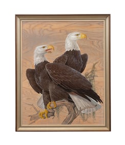 ATHOS MENABONI, TWO BALD EAGLES ON BRANCH, OIL
