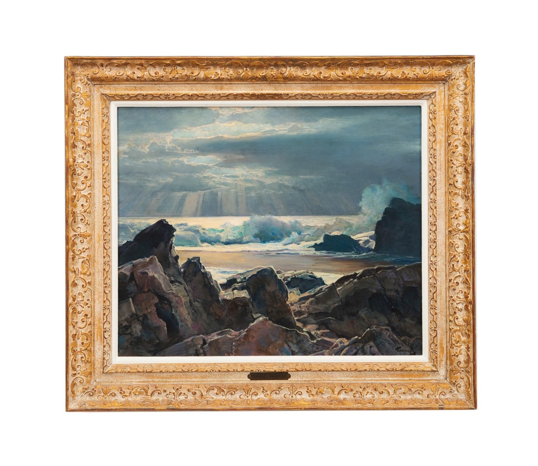 FREDERICK JUDD WAUGH 'ROCKS, SAND & SEA' OIL: Frederick Judd Waugh (American, 1861-1940). "Rocks, Sand, and Sea", oil on canvas artists board, signed "Waugh" to LR, label to verso for Provincetown Art Association, Provincetown, Massachusetts. Not