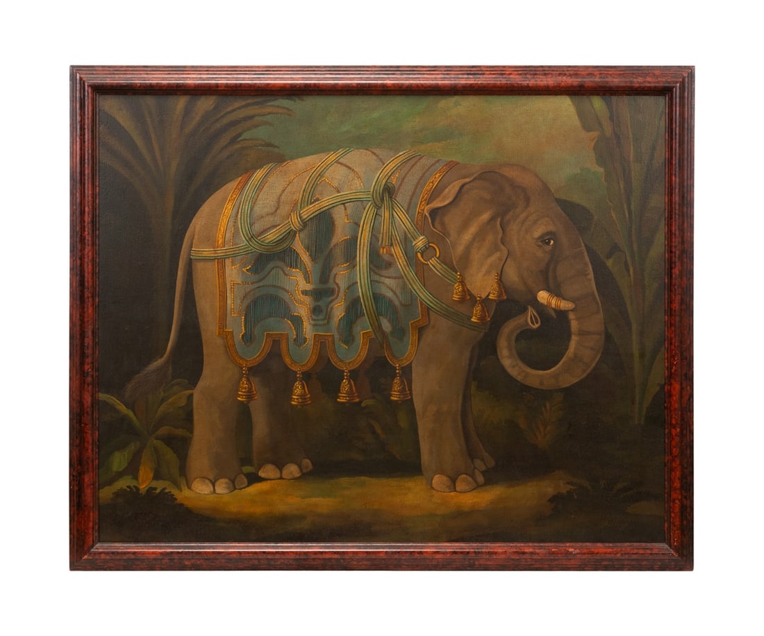 WILLIAM SKILLING, 'ELEPHANT' LARGE OIL ON CANVAS: William E. Skilling (American, 1862-1964). "Elephant", oil on canvas, signed to LR. Framed. Provenance: Private Collection, Roswell, GA. Approximate dimensions: canvas h. 48", w. 60"; frame h. 53.25",