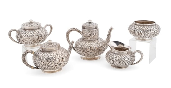 GORHAM 5 PIECE STERLING REPOUSSE TEA SERVICE, 1883