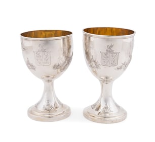 PR OF ENGLISH ARMORIAL SILVER GOBLETS, 1835 & 1853