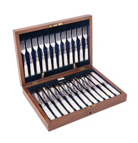 MOTHER OF PEARL & STERLING FRUIT SET FOR 12