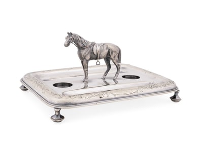 VICTORIAN EQUESTRIAN SILVERPLATE INKSTAND, C. 1871