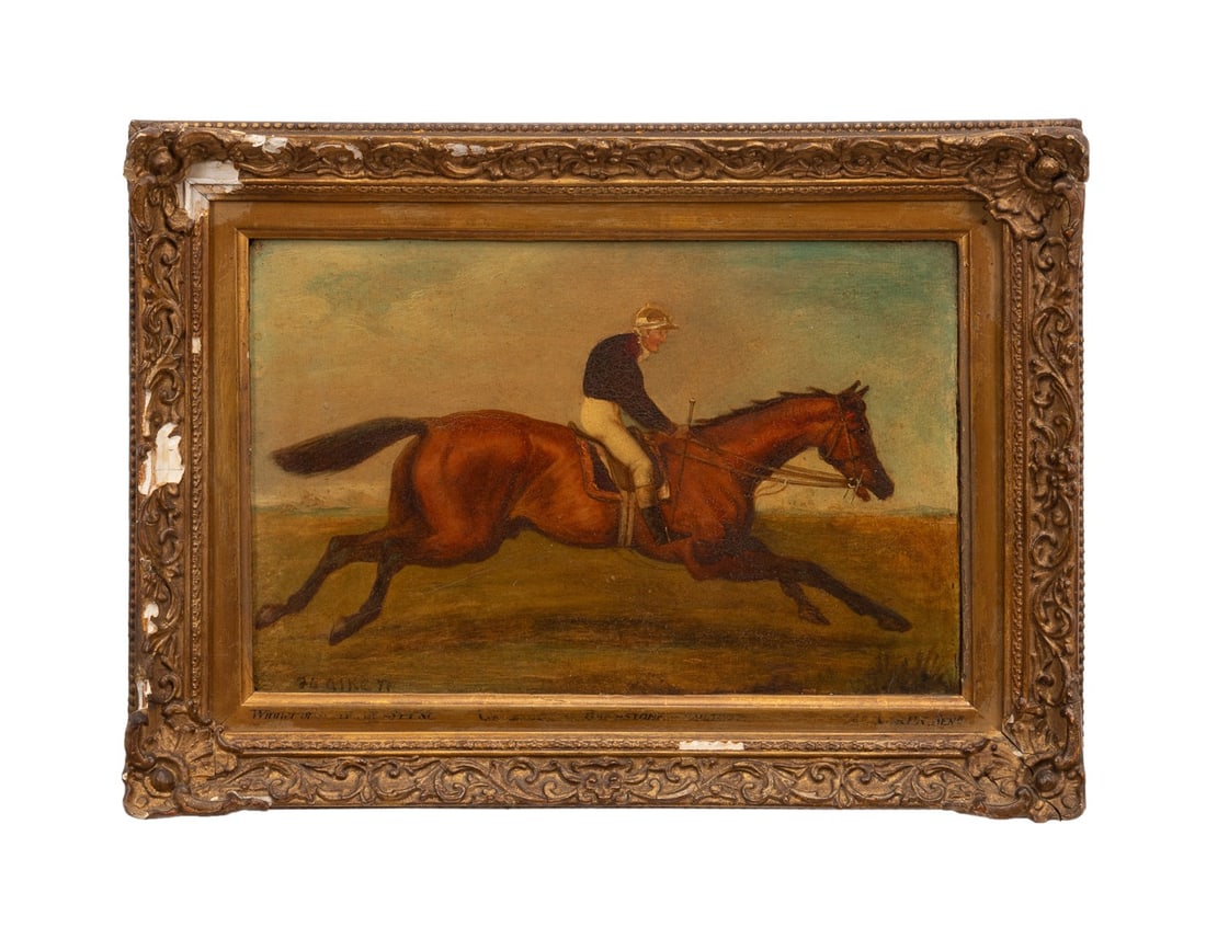 H. ALKEN SR., 1844 'WINNER OF THE DERBY", OIL: Henry Thomas Alken, Sr. (English, 1785-1851). "Winner of the Derby" 1844, oil on board, signed "H. Alken" to LL, titled and dated to verso. Framed. Provenance: Private Collection of Helga Moore, Alpha