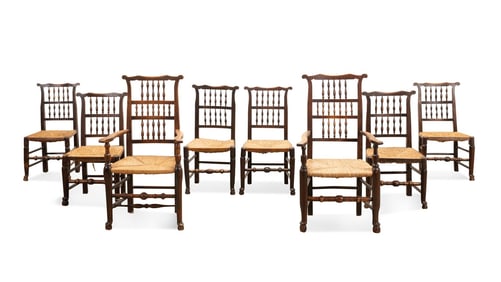 EIGHT YORKSHIRE SPINDLE BACK OAK RUSH SEAT CHAIRS