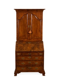 GEORGE II STYLE INLAID WALNUT BUREAU BOOKCASE