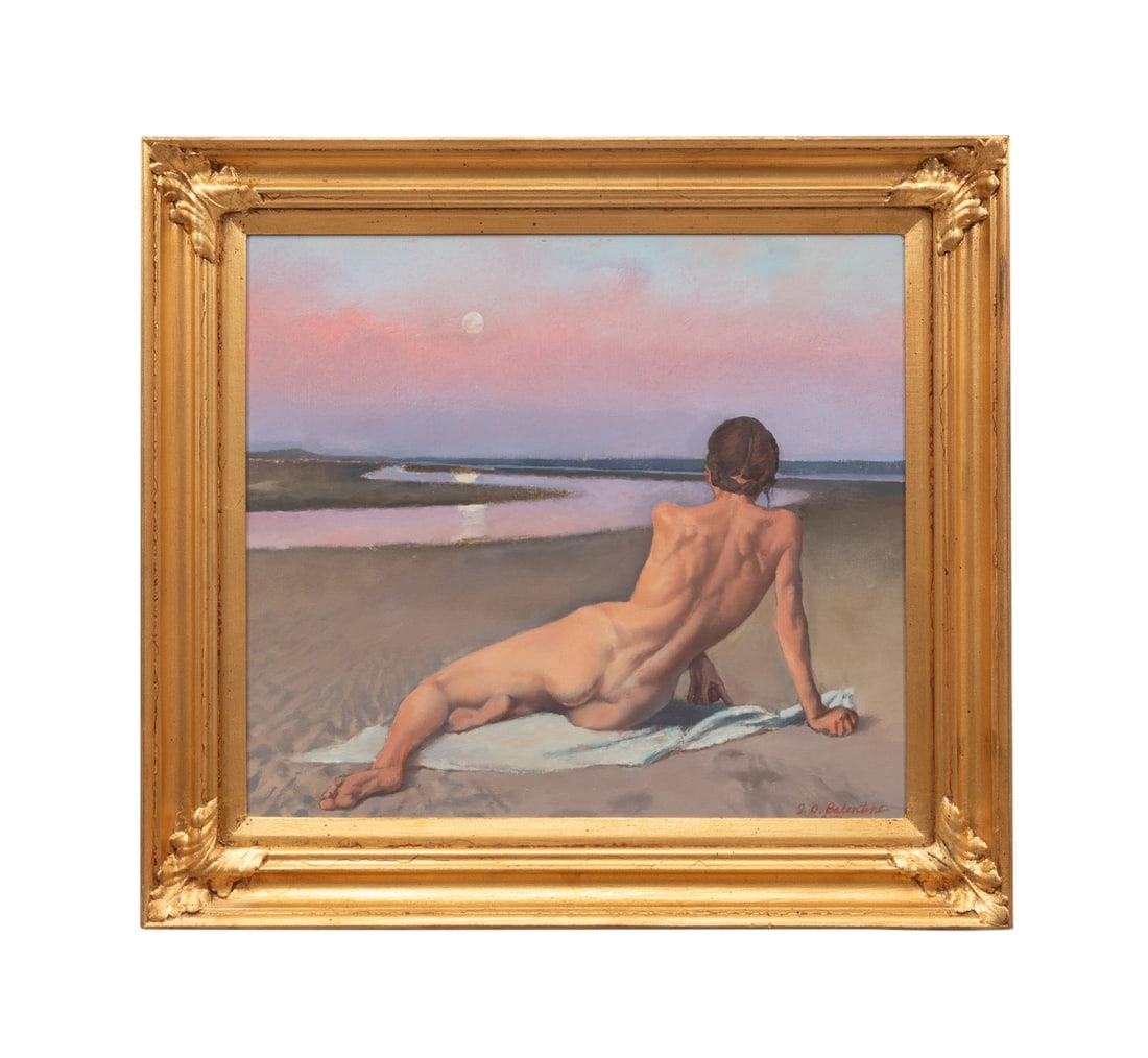 JD BALENTINE, NUDE WOMAN AT SUNSET, 2001 O/B: J. Douglas Balentine (American (South Carolina), 20th century). Untitled - Nude at Sunset - 2001, oil on wood board, signed "J. D. Balentine" and dated to LR. Framed. Provenance: Private Collection, A