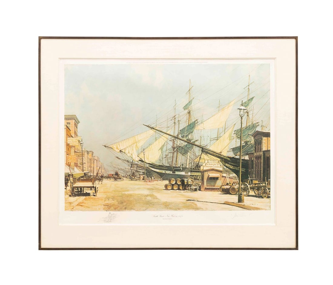 J. STOBART, 'SOUTH STREET NEW YORK IN 1874': John Stobart (British / American, 1929-2023). "South Street New York in 1874" - 1967, offset lithograph on paper, pencil signed to LR, numbered 36/50 to LL. Printed by Kennedy Galleries. Provenance: P
