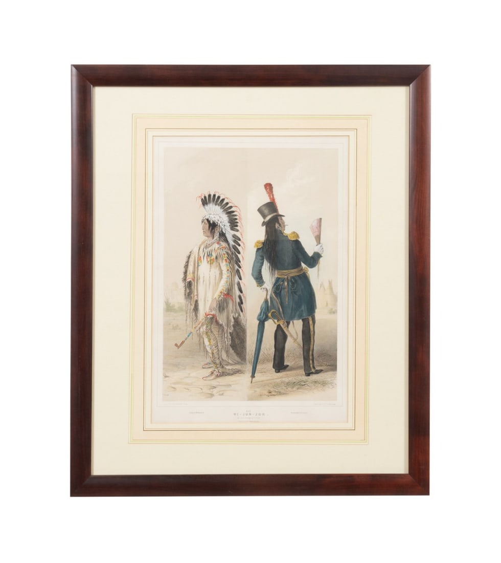 GEORGE CATLIN 'WI-JUN-JON...' LITHOGRAPH, PLATE 25: George Catlin (American, 1796-1872) "Wi-Jun-Jon: An Assinneboin Chief", plate 25 from The North American Indian Portfolio - C. 1844, hand colored tinted lithograph on paper, published by Day & Haghe (