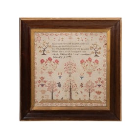 19TH C. ADAM & EVE PICTORIAL NEEDLEWORK SAMPLER