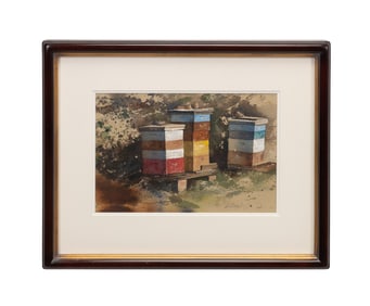 WILLIAM MATTHEWS 'BEE HIVES...' SIGNED WATERCOLOR