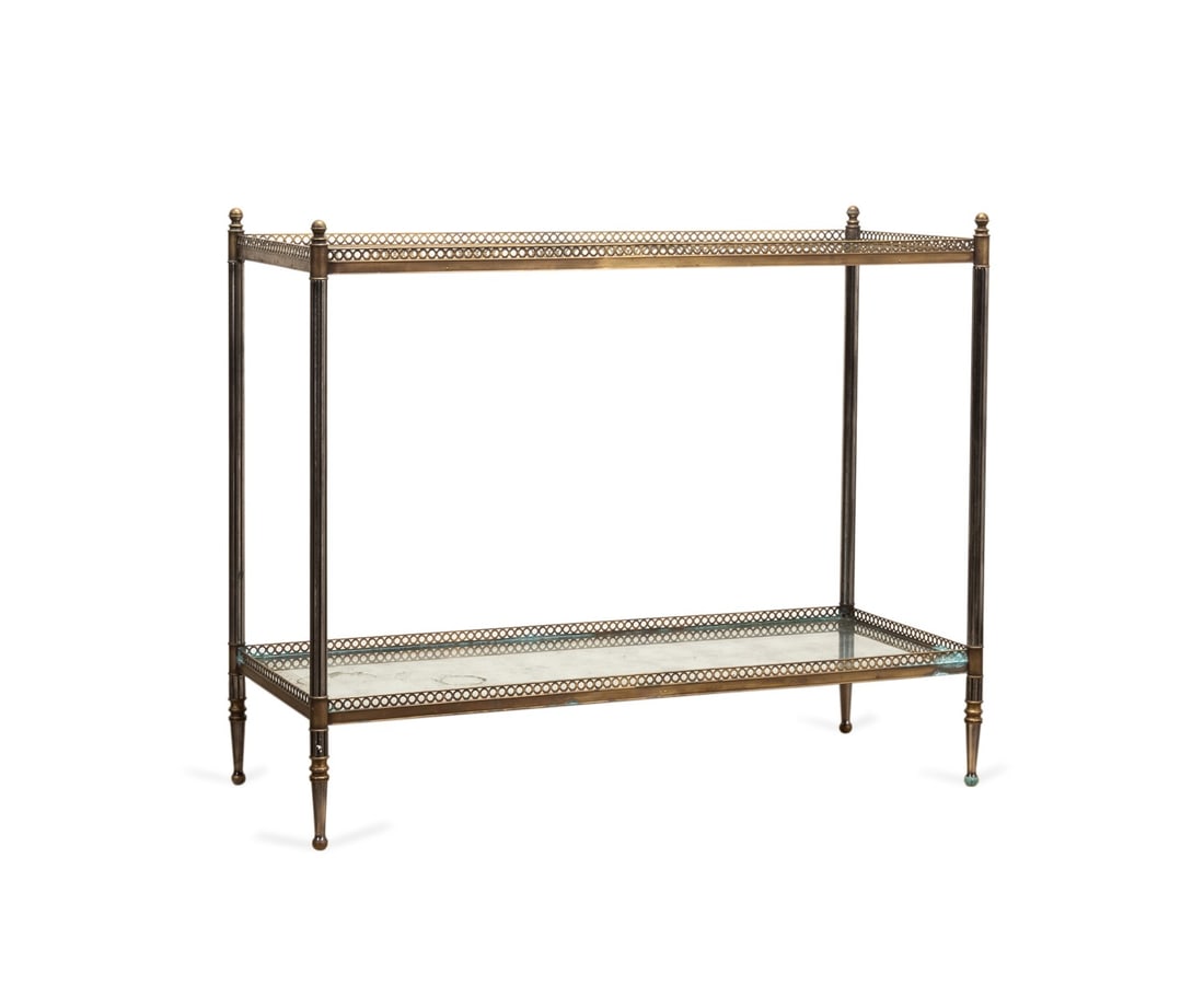 JOHN-RICHARD TWO-TIERED MIRRORED CONSOLE TABLE: John-Richard (American, founded 1980), contemporary. European Crossroads collection brass two-tiered mirrored console in the manner of Maison Bagues (French, founded 1840), having a brass gallery rail