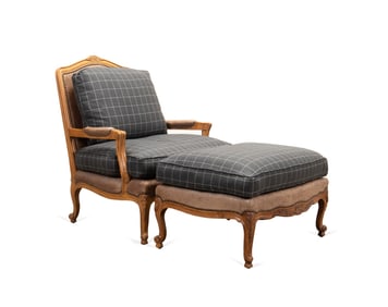 LOUIS XV STYLE WALNUT ARMCHAIR & OTTOMAN