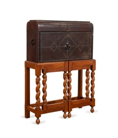 BAKER LEATHER BAR CABINET ON BARLEY TWIST STAND