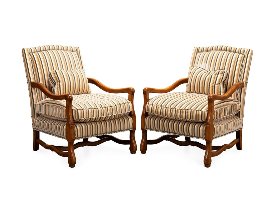 PAIR OF MILLING ROAD FRENCH PROVINCIAL ARMCHAIRS: Milling Road, a division of Baker Furniture (American, founded 1890), late 20th to early 21st century. Pair of French Provincial armchairs in the Louis XIV taste, each having a curved back, loose seat