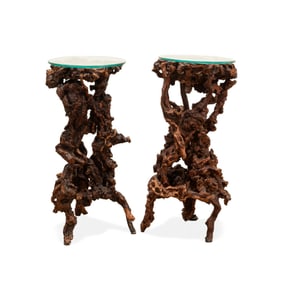 PAIR OF GLASS TOP NATURAL ROOT TABLES