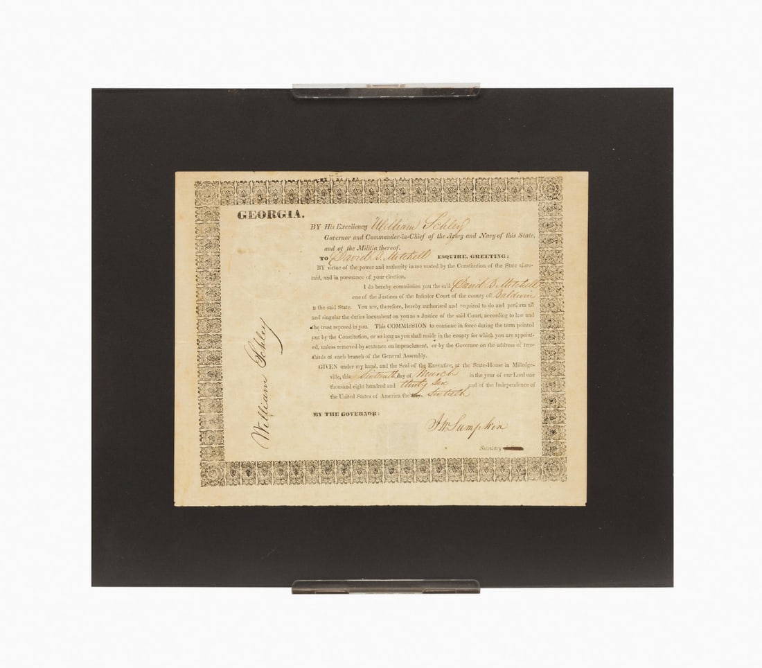 GOV. WILLIAM SCHLEY COMISSION D. B. MITCHELL 1836: Governor William Schley (American, Georgia, 1786-1858). Glass framed partially printed and signed March 16, 1836, commission appointing David B. Mitchell (American, Georgia, 1766-1837) as an inferior