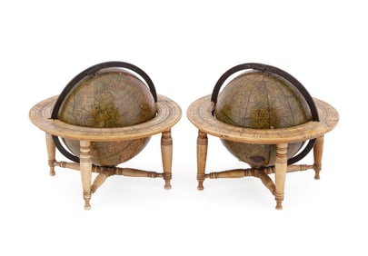 TWO POCKET GLOBES ON TABLES, ONE MARKED LANES 1811