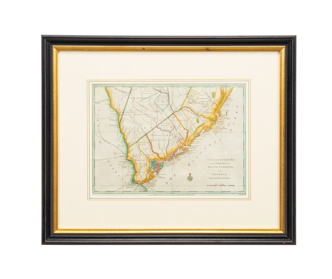 JOHN LODGE, A NEW AND ACCURATE MAP OF SOUTH CAR.: John Lodge (English, 1735-1796), 18th century. A new and accurate map of chief parts of South Carolina and Georgia, from the best authorities, London 1780, hand colored, marked John Bew in the lower m