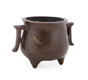 CHINESE GOLD ACCENTED QING DYNASTY BRONZE CENSER