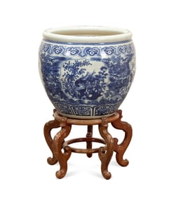 LARGE CHINESE BLUE & WHITE PLANTER & STAND