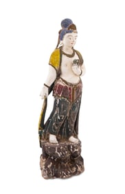 CHINESE CARVED WOODEN POLYCHROME GUANYIN FIGURE