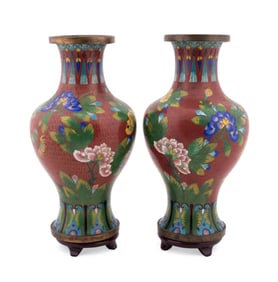 CHINESE, PAIR OF CLOISONNE ENAMEL VASES ON STANDS