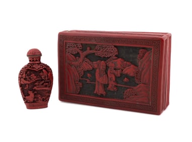 CHINESE CARVED CINNABAR BOX AND SNUFF BOTTLE