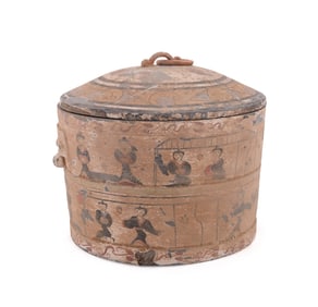 CHINESE LIDDED PAINTED TERRACOTTA VESSEL