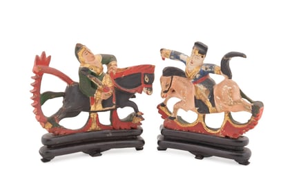 CHINESE, 2 MINIATURE WOODEN FIGURES ON HORSEBACK